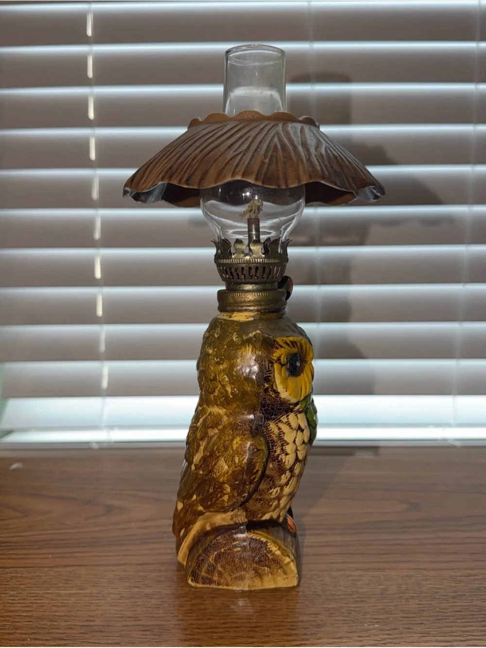Vintage Owl Oil Lamp - Yellow & Brown Ceramic